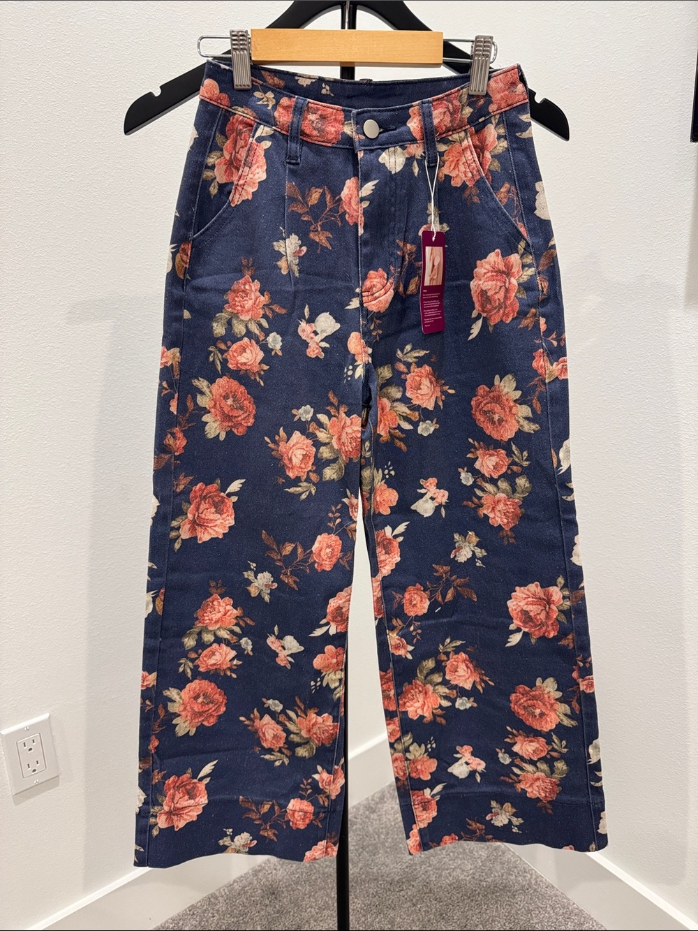 Wide Leg Floral Pants in Navy with Pink Roses - Picture 3 of 4